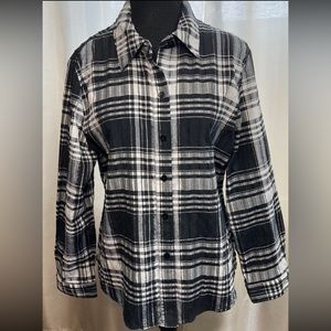 AVA Petite Button Up Cotton Mix Blouse Top Size 14P Black & White Plaid Style.